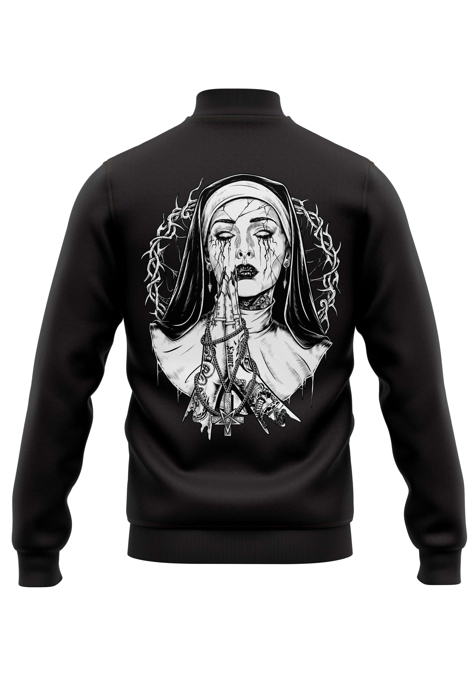 Schwere unisex college jacke in schwarz mit strapazierfähigem stoff und grafik einer nonne mit dornen und ketten